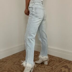 Feather Hem Light Blue Straight Leg Jeans